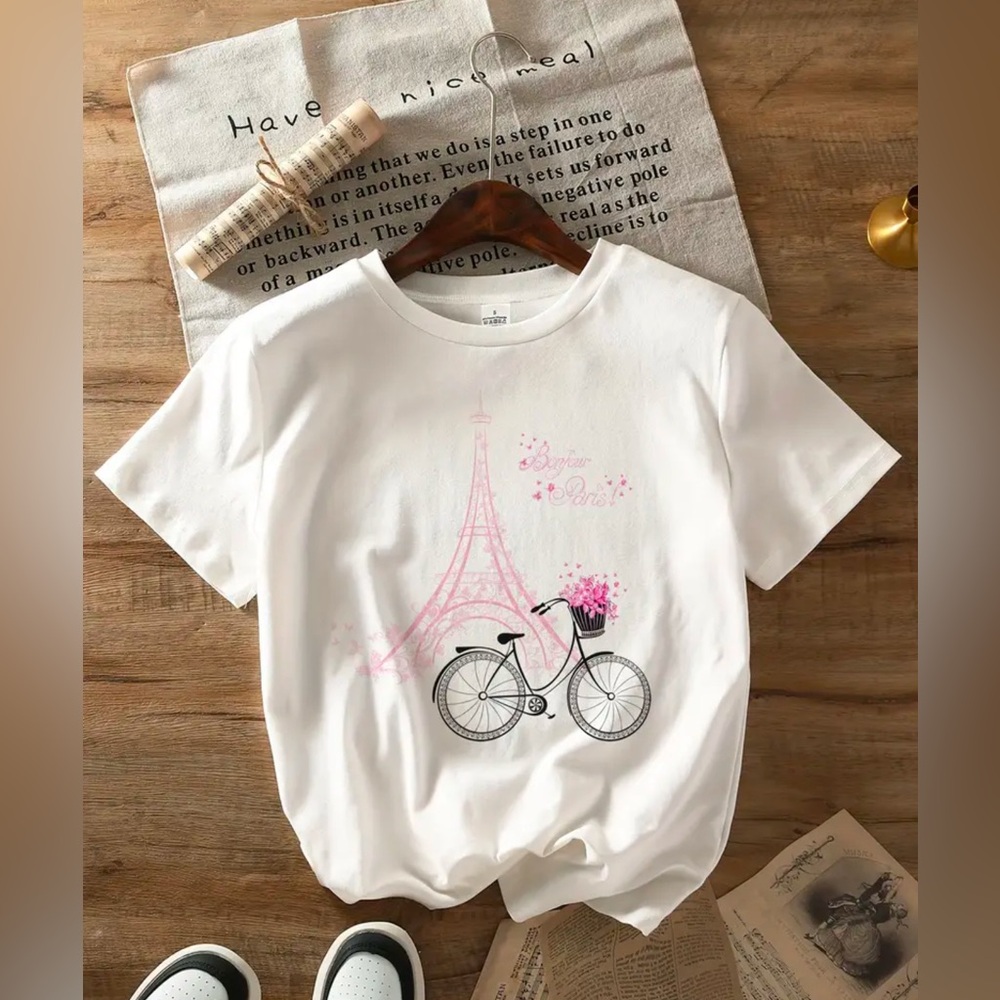 Unbranded - New In Bag - Medium - White Paris Bicycle Graphic Tee - Picture 4 of 6